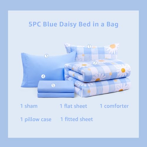 Image of Twin XL Comforter Set for Girls Blue Plaid Daisy 5 Pieces Bed in a Bag