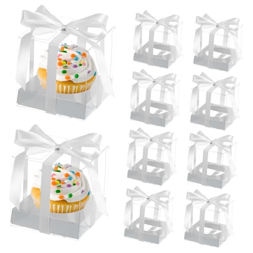 CIYODO 10pcs Transparent Cupcake Boxes with Decorative Inserts for Parties Birthday Celebrations and Bakeries Sturdy Cake Carrier with Satin Ribbon for