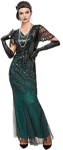 1920s Gatsby Flapper Evening Party Dress V Neck Sequins Mermaid Hem Cocktail Long Maxi Gown w/ 20s Accessories Set3