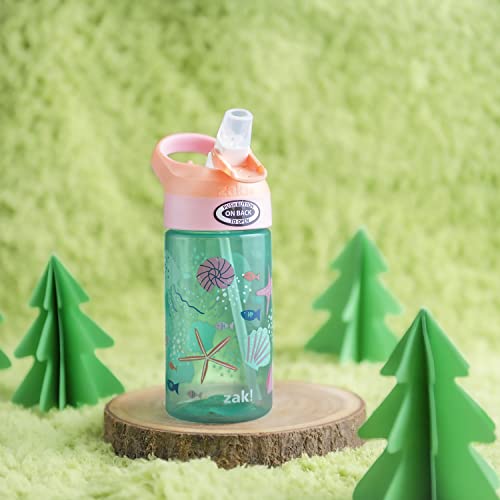 Image of Zak Designs 16oz Riverside Kids Water Bottle with Spout Cover and Built-in Carrying Loop, Made of Durable Plastic, Leak-Proof Water Bottle Design for Travel (Unicorn & Shells, Pack of 2)