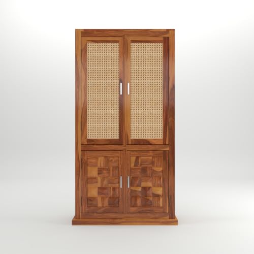 Image of Solid Sheesham Wood Almirah with Cane Doors & Geometric Carved Panels | 4 Door Wooden Wardrobe for Bedroom