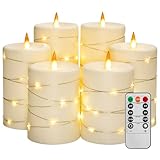 Upinmz 6 Pack Flickering Flameless Candles with String Lights,Unbreakable Acrylic Battery Operated Candle with Remote Control and Timer - Ivory White