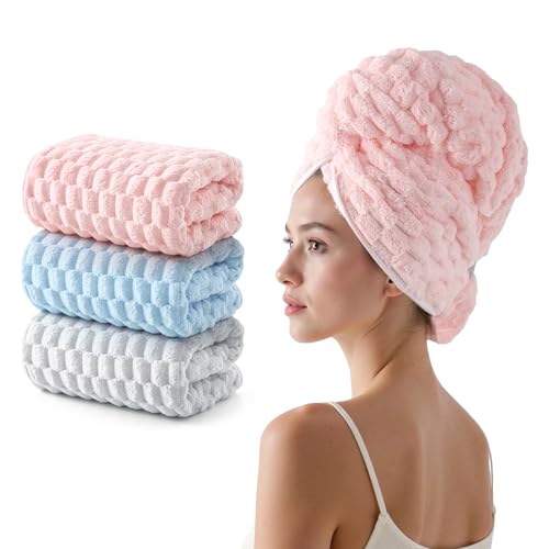Image of REDKISS 3 Piece Microfibre Hair Towels Set - Extra Large Hair Towel Wrap for Women, 105x60cm Hair Towel with Elastic Strap, Super Soft Hair Drying Towels for Long, Thick, Curly Anti Frizz Turbans