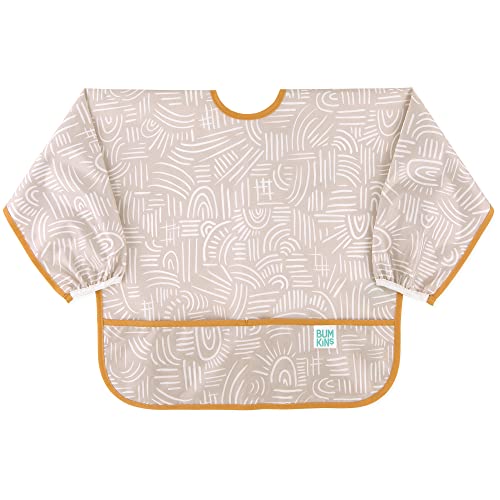 Image of Bumkins Sleeved Bib for Girl or Boy, Baby and Toddler for 6-24 Mos, Essential Must Have for Eating, Feeding, Baby Led Weaning Supplies, Long Sleeve Mess Saving Food Catcher, Soft Fabric, Boho Beige