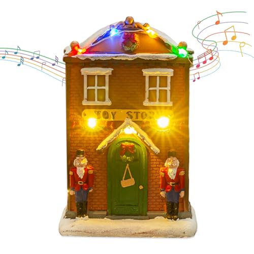 AONYAYBM Small Lighted Christmas Village House with Music, Resin Christmas Village, Christmas Figurines, Collectible Buildings Home Decoration Christmas Indoor Room Decor (B)
