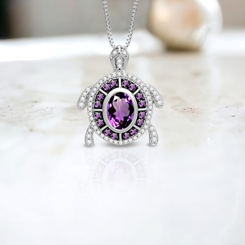 Jewelili Sterling Silver Turtle Birthstone Pendant Necklace | 7X5 MM Oval & 1.25 MM Round Cut Birthstone with Round Created White Sapphire Gemstones | 18" Box Chain | Luxury Jewelry Gift for Her | Gift Box Included4