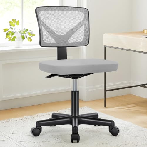 Image of DUMOS Small Office Chairs with Wheels, Ergonomic Adjustable Home Desk Swivel Rolling Task Chair No Arms, Comfy Mesh Mid Back Computer Work Vanity Desk Chairs for Small Spaces, New Grey