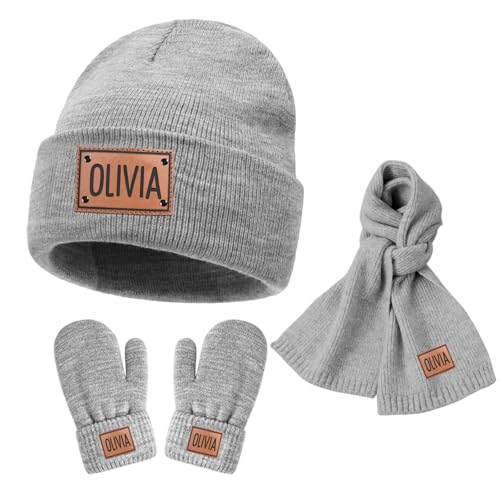 Custom Toddlers Winter Hat Scarf Gloves Set 3 Pcs for Girls Boys, Personalized Leather Patch Baby Beanie Hat