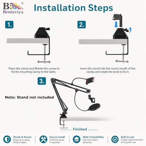 Image of BROLAVIYA Heavy Duty Desk Clamp Mount with Headphone Hook, Metal Table C Clamp Base, Universal Mic Boom and Scissor Base for Scissor Arms, Low Profile Arms, Fits Up to 2.36 inch 6cm Thickness
