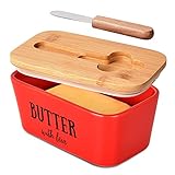 RUCHBA Ceramic Large Butter Dish with Lid, 2 Sticks Airtight Butter Keeper for Counter Farmhouse Covered Butter Container with Double Layer Silicone for Sealing Butter Holder Tray with Knife - Red