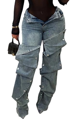 Famnbro Womens Baggy Cargo Jeans Y2K High Waisted Straight Wide Leg Detachable Denim Jeans