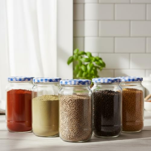 Image of ginoya brothers - Kitchen Glass Jar (5, 1000 ML JAR BLUE CHEX LID)