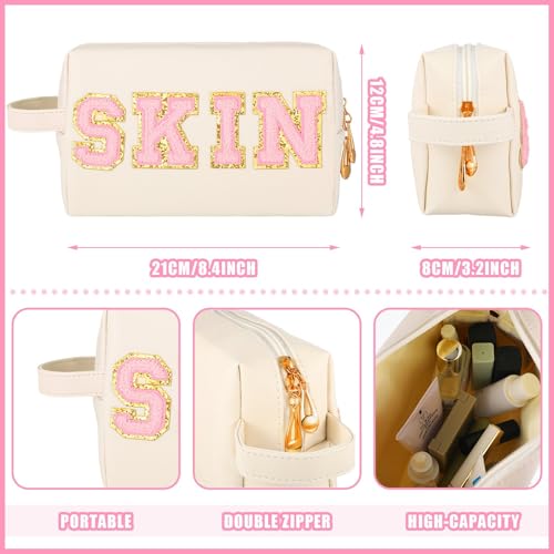 Sotiff 3 Pcs Preppy Patch Makeup Bag Hair Face Skin Cosmetic Bag Travel Toiletry Bag for Women Chenille Letters Patch Bag with Handle Waterproof Portable Preppy Purse Zipper Pouch for Girls2