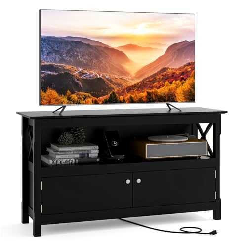 Giantex TV Stand with Power Outlet for TVs up to 50 Inch, Entertainment Center with 2-Door Cabinet, Storage Shelf, 2 Cable Holes, Modern Media Console Table for Living Room, Bedroom, TV Cabinet, Black