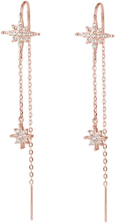 SLUYNZ Sterling Silver CZ Star Dangle Earrings for Women Teens Long Dangle Earrings Threader Tassel