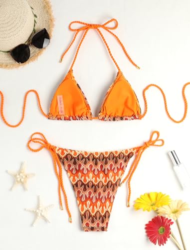 Image of ZAFUL 2 Piece Triangle Bikini for Women Knitted Rope Halter Bikini Sets Sexy Bathing Suit Side Tie Swimsuits Beachwear