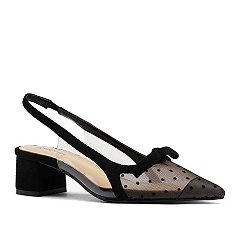 Lehoor Women Pvc Slingback Pumps Pointed Toe Chunky Heel Polka Dot Mesh Sandals Bowknot Retro Mid-Heel Closed Toe，Transparent Side Chic Stitching Shoes For Ladies Dress Office Black 7.5 M Us #TOP26