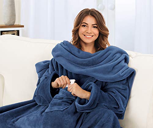 Gözze - Premium Kuscheldecke mit Ärmeln und Brusttasche, 150 x 240 cm - Marineblau – Ansicht 2