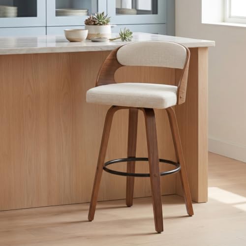 Image of AQG Swivel Bar stools Set of 1 Bar Chairs 30 inch Counter Height Mid-Century Modern Bentwood Barstool Faux Linen Upholstered Bar Chair with Back and Footrest, for Bar, Cafe, Dining, Kitchen Island, Beige