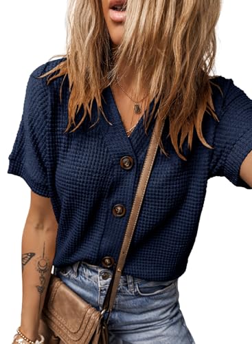 Image of Dokotoo Womens Summer Tops 2026 Waffle Knit Button Down Shirts Casual V Neck Short Sleeve Shacket Jacket Dressy Blouses