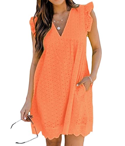 Onsoyours Robe D'Été pour Femmes Tenue Décontractée avec Short Intégré Élégante Col en V À Manches Volantées Creuse Dentelle Jacquard Couleur Unie...