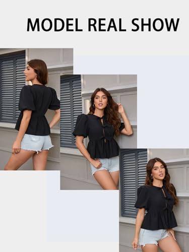 Womens Babydoll Peplum Tops Summer Puff Short Sleeve Bow Tie Blouse Y2k Cute Trendy 2025 Shirts3