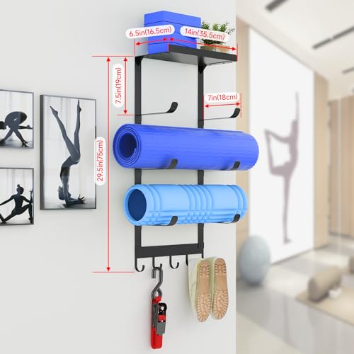 LSK Yoga Mat Holder Wall Mount, Black Yoga Mats Storage Rack, Home Gym Storage with Metal Floating Shelf for Storing Fitness, Yoga Mat Rack with 5 Hooks for Hanging Foam Rollers and Resistance Bands - Image 4