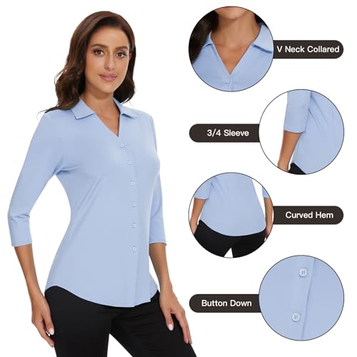 Image of Soneven Womens Golf Polo Shirts 3 /4 Long Sleeve V Neck Button Down Shirts Business Causal Work Blouses Tops