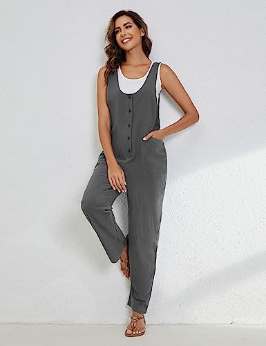 Image of Yeokou Womens Overalls Linen Cotton Jumpsuits Loose Casual Jumpers with Pockets