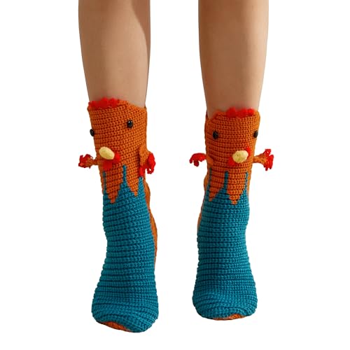 MBZJSDKHLK Winter Knit 3D Cartoon Sock Funny Animal Non Slip Floor Sock Christmas Novelty Creative Warm Shark Crocodile Sock (A-Rooster 2, ONE SIZE)