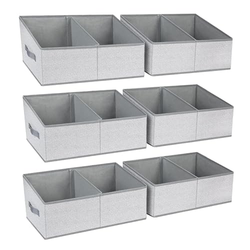DIMJ Large Closet Shelf Organizer Bins 6 Packs with Handles and Divider, Fabric Trapezoid Storage Baskets, Foldable Clothes Containers Box for Shelf, Towel, Book, Toy, Purse, Hats, Grey