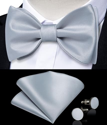 Image of DiBanGu Satin Bow tie Self-Tied Bowtie Set for Men Wedding Prom | Solid Color,Skin-Friendly,Versatile Accessory,Lapel Pin,Pocket Square,Cufflinks,School Dance,Banquet,Dinner,Celebration