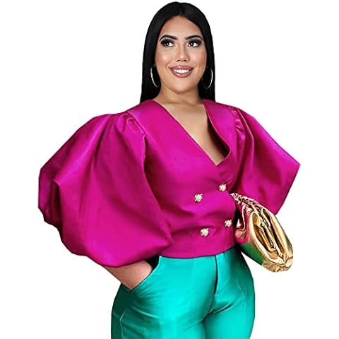 AOMEI Women's Rose V Neck Top Button Down Big Lantern Sleeve Blouse (M,Medium) Cover