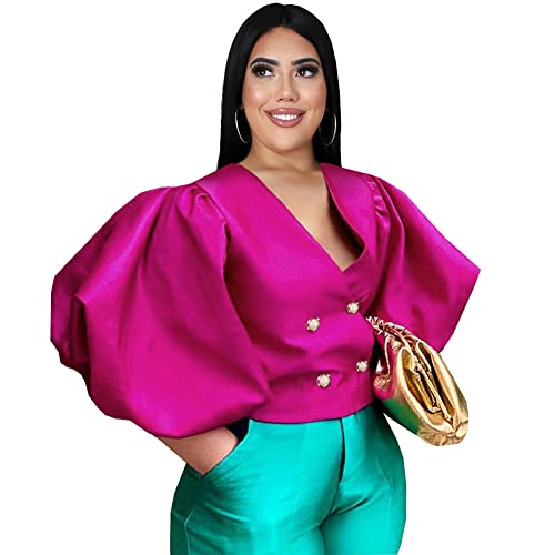 AOMEI Women's V Neck Top Button Down Big Lantern Sleeve Blouse