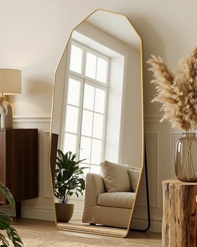 Antok Full Length Mirror 71x32 Floor Mirror Free Standing Wall Mounted or Leaning Full Body Mirror with Aluminum Alloy Frame Diamond Irregular for Bedroom Entryway Cloakroom Gold