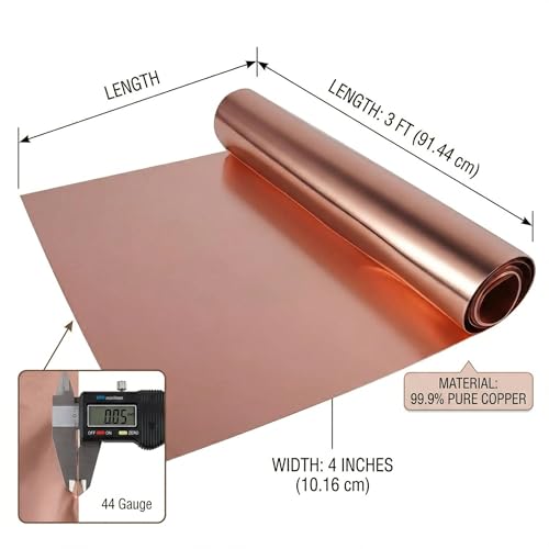 Image of 44 Gauge Copper Sheet Metal Roll, 4 inch x 3ft Pure Copper Foil Strip for Crafts, Jewelry Making, Embossing & Electrical Repairs; High Conductivity & Easy to Cut (0.05mm Thick)
