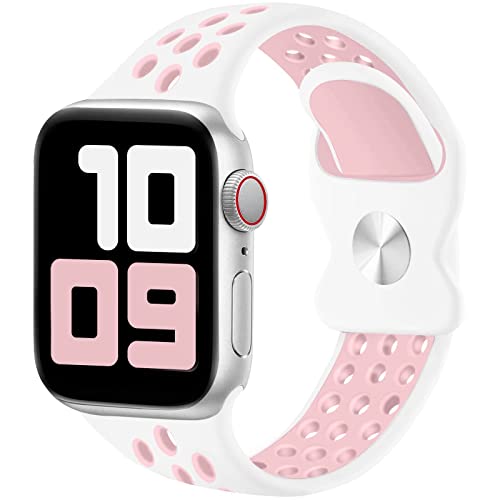 Silikon Sport Ersatz Kompatibel mit Apple Watch Armband 42mm 44mm 45mm, atmungsaktivem und weichem Armband für iWatch Serie 6/5/4/3/2/1/SE/7 White&Pink-42/44/45mm Cover