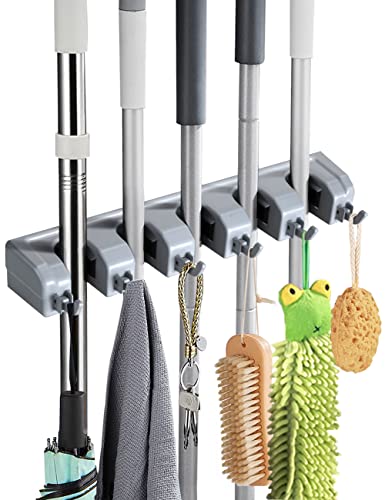 TOYPOPOR Automatic Mop Broom Holder 17'', Built - in Springs, 5 Racks with 6 Hooks, Wall Mounted Mop Holder Broom Holder Organizer Storage Rack for Cupboard, Bathroom, Kitchen, Garage, Laundry etc