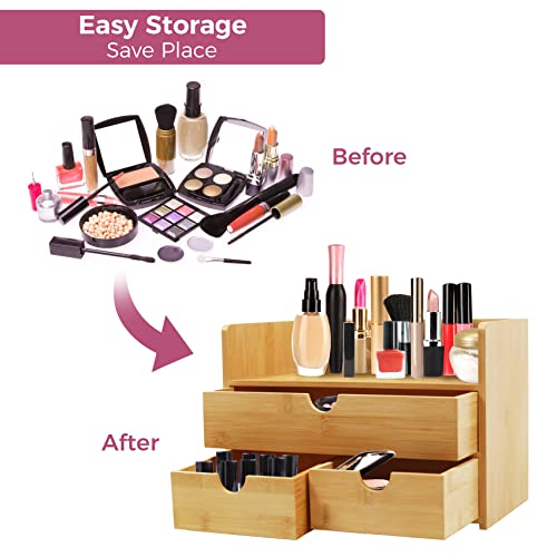 TOLONAG Large Bamboo Makeup Organizer with 1 Drawer and 2 Smaller Drawers, 100+1 Uses, Durable and Smooth