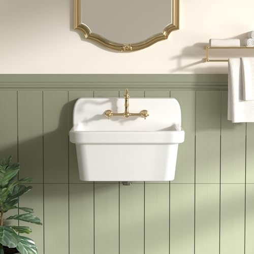 LUCKWIND 24 Inch Wall-Mounted Ceramic Utility Sink White Farmhouse Sink for Laundry Bathroom Kitchen Garage Durable High Back Design