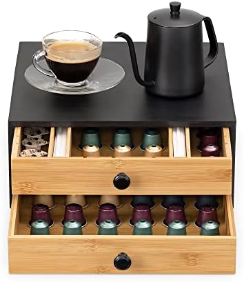Navaris Coffee Capsule Holder with 2 Drawers - Bamboo Coffee Pod Storage Compatible with K-Cups - Capsules and Pods Drawer Organiser Container Box