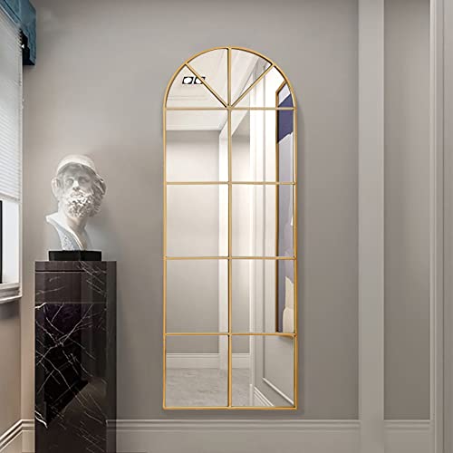 Tinytimes 65×22" Arched Window Finished Full Length Mirror, Wall Mirror, Metal Frame, Home Decor Mirror, Windowpane Mirror, Wall Mounted Or Leaning, No Stand - Gold #TOP3