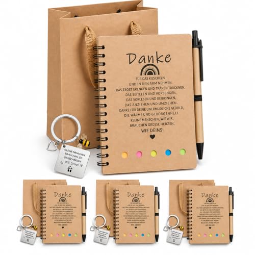 JadeLink 4 Sets Abschiedsgeschenk Erzieherin Inklusive Notizbuch Schlüsselanhänger und Geschenktüten Dankeschön Geschenk für Lehrerin Tagesmutter Erzieher Kita Kindergarten