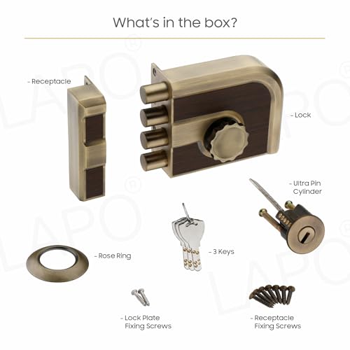 Image of LAPO Mega Bolt Heavy Duty Door Lock, Four Bullet Deadbolt for Main Wooden Door, One Side Key, Fits Left & Right Hand Doors, High Strength, Premium Security,3 Years Warranty(,Antique Finish)