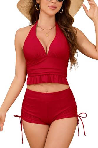 SHEKINI Women's Halter Deep V Bikini Top Drawstring Swim Shorts Two Piece High Waisted Bathing Suits with Boy Short