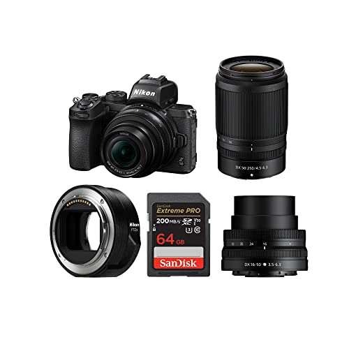 Nikon Z 50 DX-Format Mirrorless Camera Bundle with DX 16-50mm f/3.5-6.3 VR Lens, Z DX 50-250mm f/4.5-6.3 VR Lens, FTZ II Mount Adapter and 64GB Memory Card (5 Items)