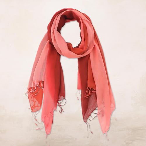 NOVICA Artisan Handmade Cotton Scarves Wrap in Red Pink Orange Pair Accessories Solid Thailand Woven Travel Friendly ' Delightful Breeze in Red' Pair2