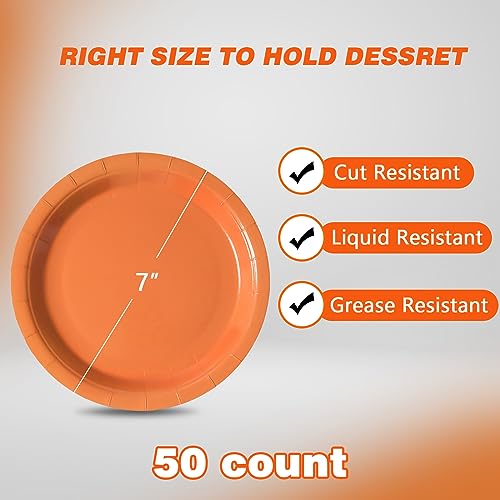 Image of Orange Disposable Paper Plates, 7 Inch Dessert Cake Plates, 50 Count Bulk | Sturdy and Durable Party Plates, for Birthday, Baby & Bridal Showers, Halloween, Christmas,BBQ, Weddings,for Cake & Snacks