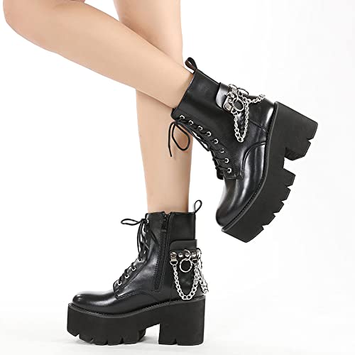 Mikarka XBZ1425-BLACK-36 Women'S Chain Platform Boots Lace Up & Zipper Chunky Heel Black Combat Ankle Booties Fashion Studded Motorcycle Boots thumb #5