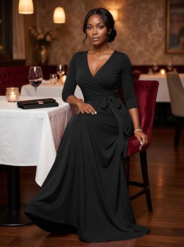 Image of PinkPatty Plus Size Maxi Dresses for Women Casual Flowy Long Dress 3 /4 Sleeve V Neck Wrap Dress with Belt